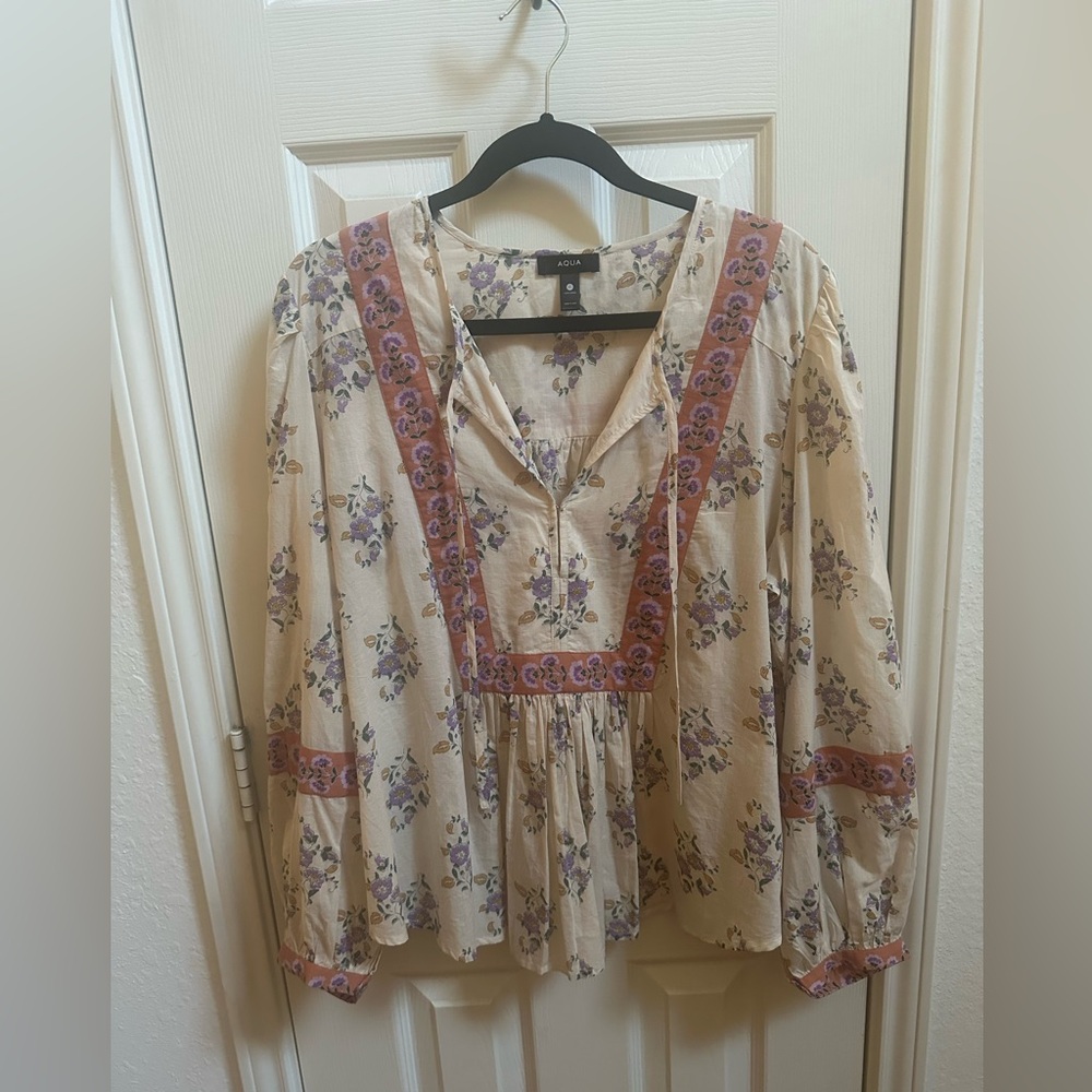 Aqua Floral Blouse - Cream and Purple